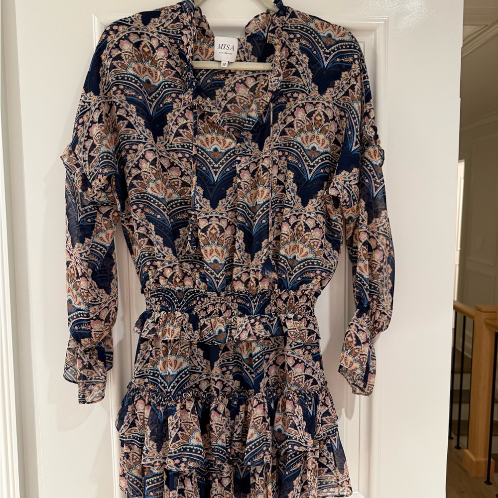 Misa Los Angeles Blue and Tan Long Sleeve Sundress